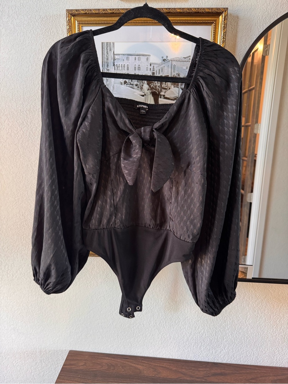 Express Black Satin Tie-Neck Long Sleeve Bodysuit